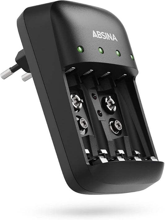 ABSINA Akku Ladegerät 301001 für AA, AAA & 9V Batterien - 4-fach Ladegerät mit Schnellladung & Einzelschachtüberwachung