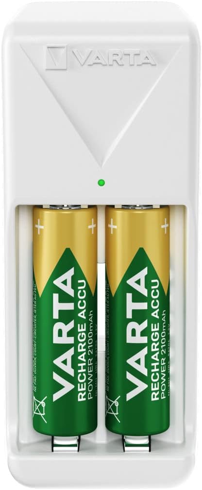Varta Mini Charger Ladegerät für AA/AAA-Akkus, inkl. 2x AA 2100mAh, 2-Schacht, Sicherheitstechnologie, weiß – 57656101451