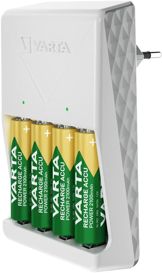 Varta Plug Charger Ladegerät mit 4x AA 2100mAh Akkus, lädt 2/4 AA/AAA Batterien, Sicherheitstimer, weiß – 57657101451