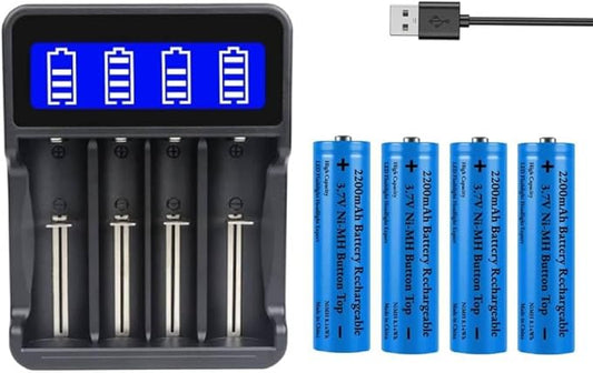 Yzeriche 18650 Batterieladegerät mit 4x 3,7V 2200mAh Akkus für Taschenlampen, Stirnlampen & Kameras