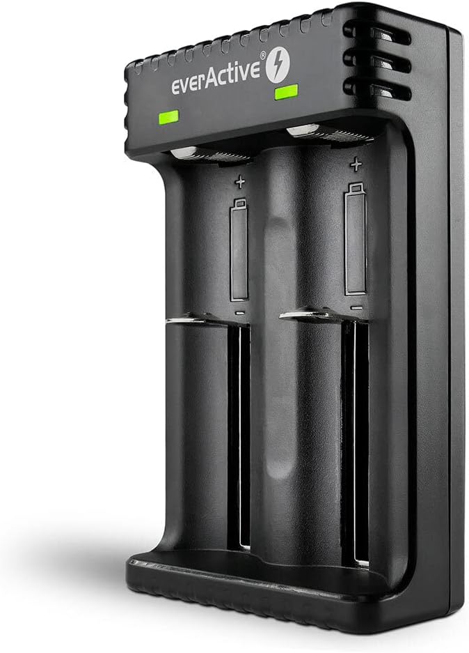 everActive Ladegerät LC-200 für 2x 18650 Li-Ionen-Akkus, professionell & schnell, Micro USB, robust & langlebig, Schwarz