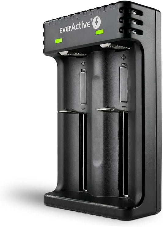 everActive Ladegerät LC-200 für 2x 18650 Li-Ionen-Akkus, professionell & schnell, Micro USB, robust & langlebig, Schwarz