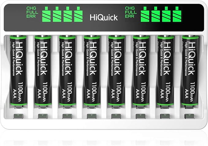 HiQuick C9027 LCD Ladegerät mit 8x AAA Akkus, Micro-USB & Typ-C, Schnellladung in 3h für AA/AAA Ni-MH Batterien
