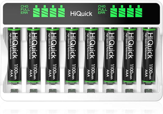 HiQuick C9027 LCD Ladegerät mit 8x AAA Akkus, Micro-USB & Typ-C, Schnellladung in 3h für AA/AAA Ni-MH Batterien