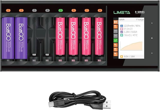 ISDT LIMETA 8-Slot Intelligentes Akku Ladegerät mit LCD Display für AA AAA NiMH NiCd Li-Ion LiFePO4, Typ-C Eingang