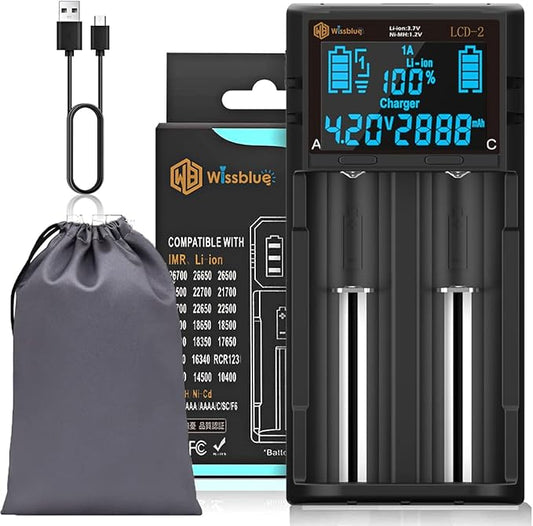 WISSBLUE LCD-2 AA 18650 Akkuladegerät 3,7 V 1,2 V mit LCD-Bildschirm, 2 A Schnellladegerät für Li-Ion, Ni-MH/Ni-Cd Batterien