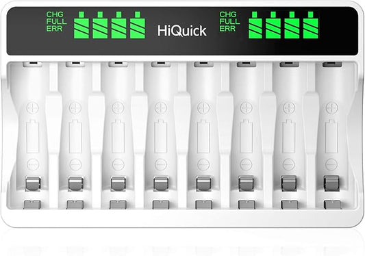 HiQuick C9027 Akku Ladegerät mit LCD Anzeige für AA/AAA Ni-Mh/Ni-CD, 8-fach Schnellladegerät Micro USB & Typ-C