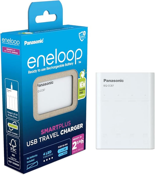 Panasonic Energy Europe eneloop SmartPlus Travel USB-Ladegerät CC87 für 1-4 AA/AAA Akkus, 2.25h Ladezeit, 10 Sicherheitsfunktionen