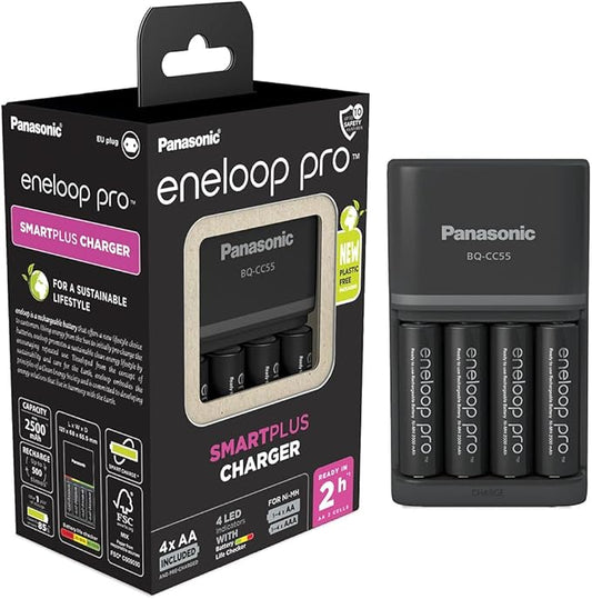 eneloop pro SmartPlus Ladegerät für 1-4 AA/AAA Akkus, 2h Ladezeit, 10 Sicherheitsfunktionen, inkl. 4 eneloop pro AA Akkus 2500 mAh