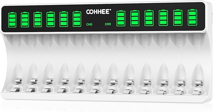 OOHHEE AA AAA Ladegerät mit 12 Ladeplätzen, LCD Anzeige, Typ-C Anschluss für Ni-MH Akkus, Schnellladung & Sicherheitsschutz
