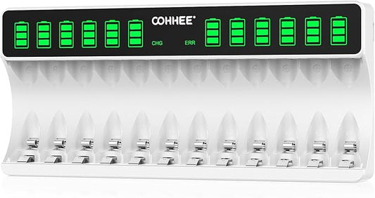 OOHHEE AA AAA Ladegerät mit 12 Ladeplätzen, LCD Anzeige, Typ-C Anschluss für Ni-MH Akkus, Schnellladung & Sicherheitsschutz
