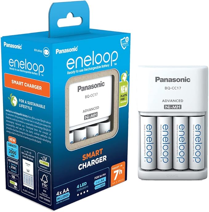 eneloop Smart Ladegerät CC17 für 1-4 AA/AAA Akkus, 7h Ladezeit, inkl. 4x eneloop AA Akkus 2000 mAh
