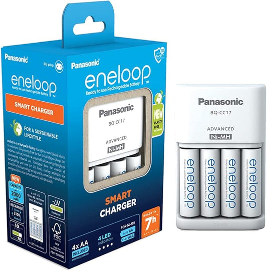 eneloop Smart Ladegerät CC17 für 1-4 AA/AAA Akkus, 7h Ladezeit, inkl. 4x eneloop AA Akkus 2000 mAh