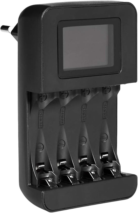Amazon Basics Intelligentes digitales Akku-Ladegerät für 4 AA/AAA-Akkus, 100-240V, Schwarz, 6680-EU