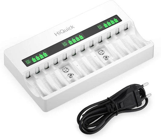 HiQuick Akku Ladegerät 2021 für AA AAA 9V Batterien, 12-fach LCD Ladegerät mit Schnellladung & Sicherheitsschutz, inkl. AC-Netzteil