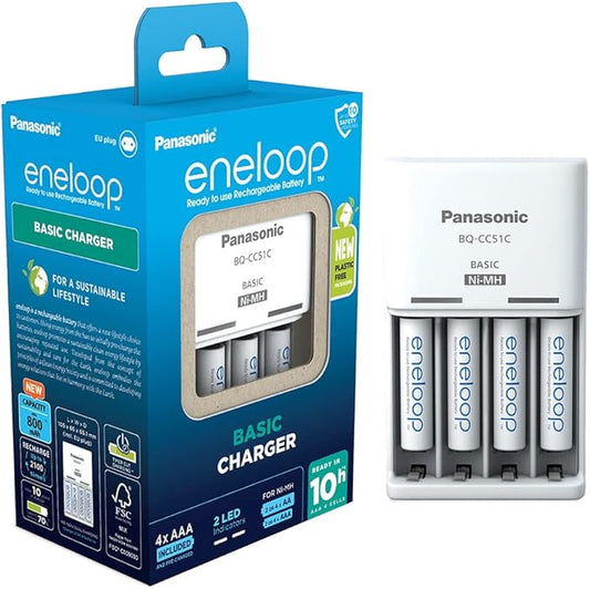 Panasonic eneloop CC51C Basis-Ladegerät für 2-4 AA/AAA Akkus, 10h Ladezeit, inkl. 4x AAA Akkus (800 mAh)