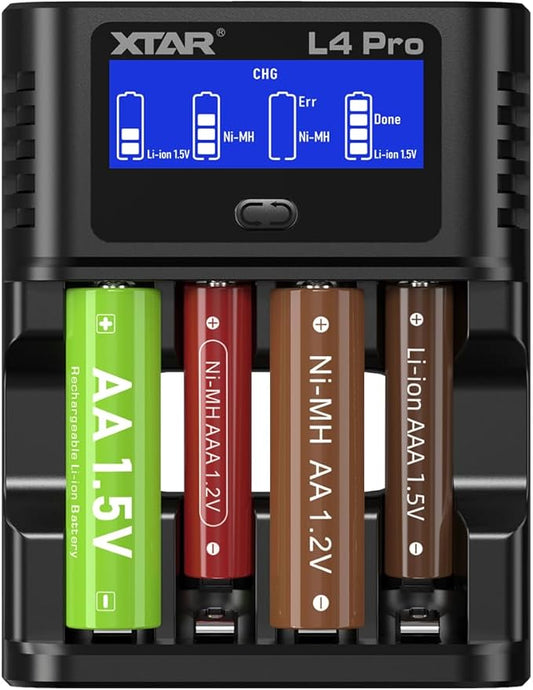 XTAR L4 Pro Ladegerät für AA/AAA Batterien - Schnellladegerät kompatibel mit Ni-MH & Li-Ionen Akkus, Überladungsschutz