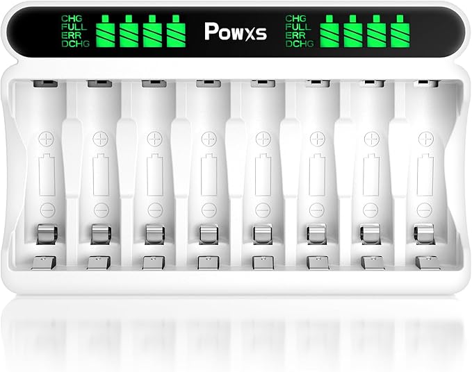 POWXS C9024 Akku Ladegerät für AA/AAA Batterien, 8-fach LCD Display, Micro USB & Type-C, Schnellladung