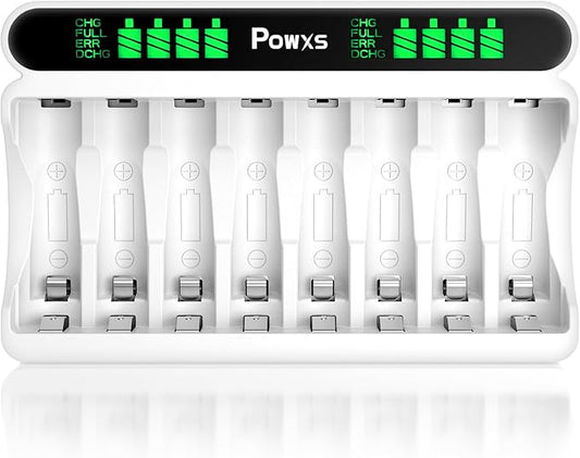 POWXS C9024 Akku Ladegerät für AA/AAA Batterien, 8-fach LCD Display, Micro USB & Type-C, Schnellladung
