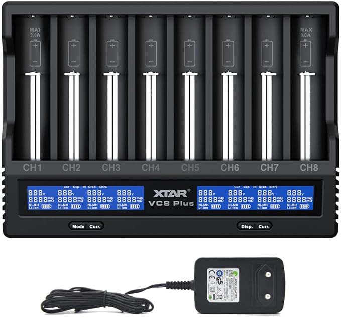 XTAR VC8 Plus Ladegerät für 8 Li-Ion/NiMH Akkus 18650 mit LCD-Display und EU-Netzteil