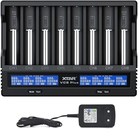 XTAR VC8 Plus Ladegerät für 8 Li-Ion/NiMH Akkus 18650 mit LCD-Display und EU-Netzteil
