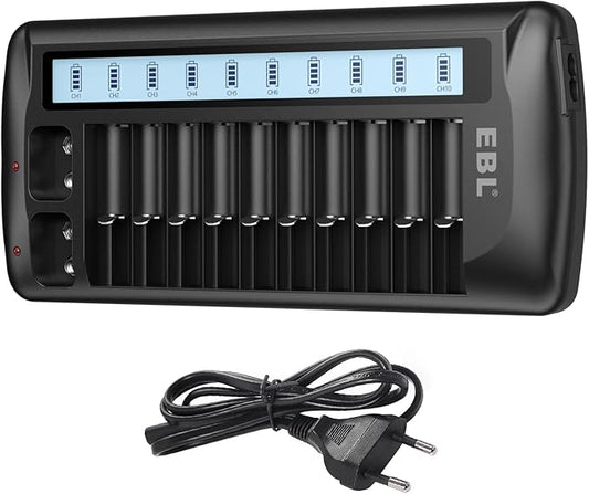Nein Auslaufartikel (Produktion durch EBL 999 Universal Akkuladegerät für AA AAA 9V Block Li-Ion/NiMH/NiCd, 12-Ladefach mit LCD Anzeige