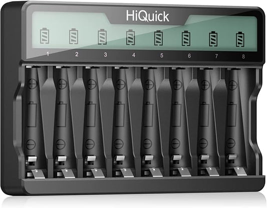 HiQuick Akku Ladegerät 2021 für 8x AA/AAA Ni-MH/Ni-CD mit LCD-Anzeige, USB-C & Schnellladung in 3h