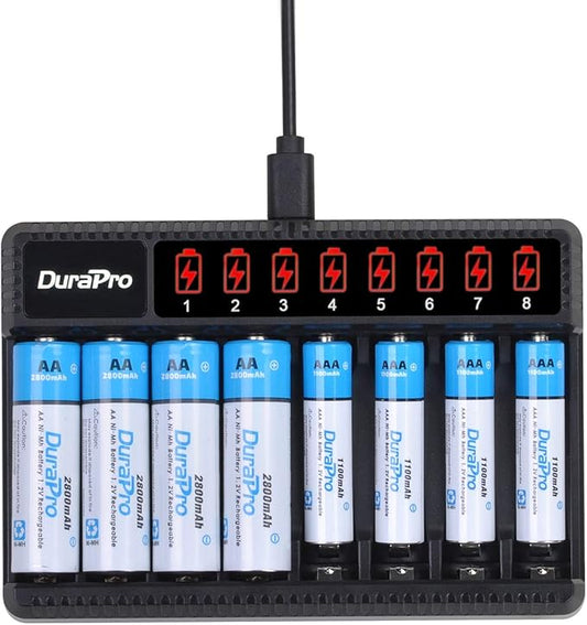 Durapro 4X AA & 4X AAA Akku Ladegerät mit LCD Display für Ni-MH/Ni-Cd Batterien – Inkl. 8-Slots Schnelllader & Überladeschutz – B08GYS2KXW