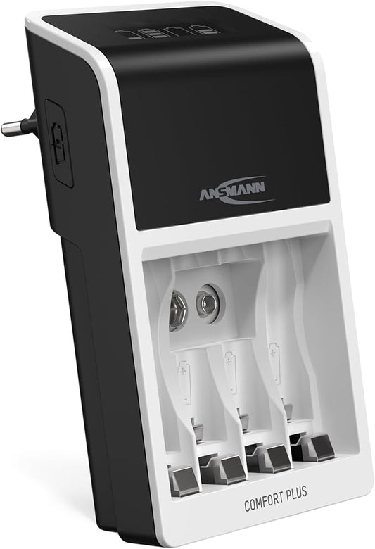 Ansmann Comfort Plus Akku-Ladegerät für NiMH Micro (AAA), Mignon (AA), 9V Block – Automatik-Ladegerät mit Perfect-7-Technologie & Schnelllad
