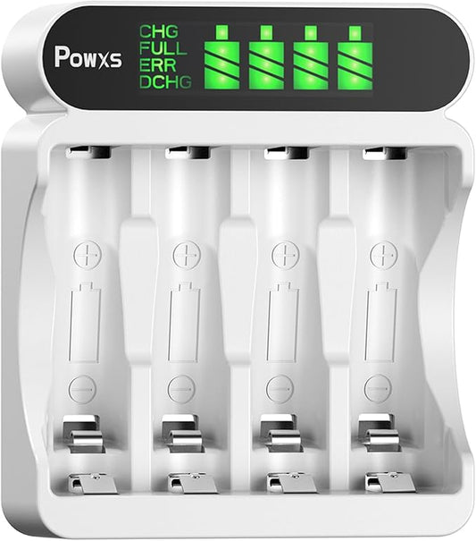 POWXS C9023 Akkuladegerät für Ni-MH/Ni-CD AA AAA, 4-fach LCD Display, Micro-USB & Typ-C Schnellladung