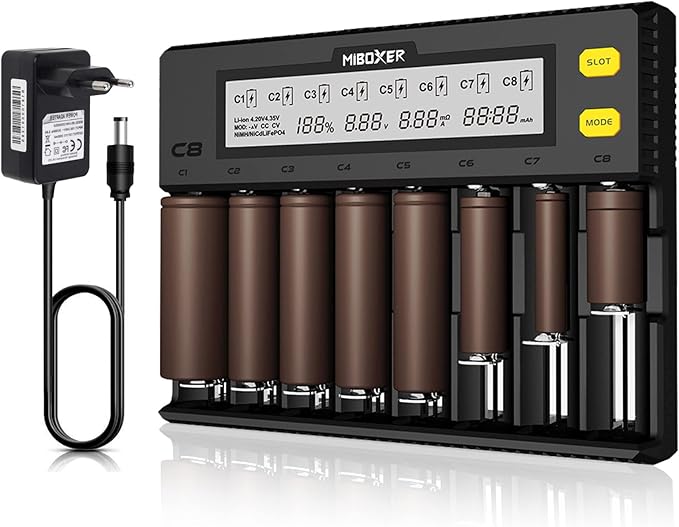 Universal akku Ladegerät, AUKSKY 18650 Baterieaufladegerät mit LCD-Display für Akkus NI-MH, NI-Cd, AA, AAA, 14500, 18350, 21700, 26650, Li-Ion LiFePO4, RCR123A (8 Steckplätze) 8 Port