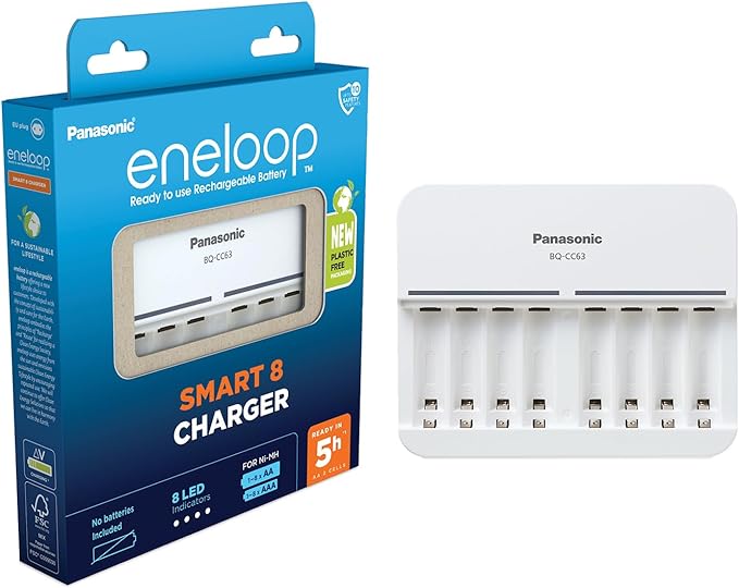 Panasonic eneloop CC63 Smart Ladegerät für 1-8 AA/AAA Akkus, 5h Ladezeit, 9 Sicherheitsfunktionen