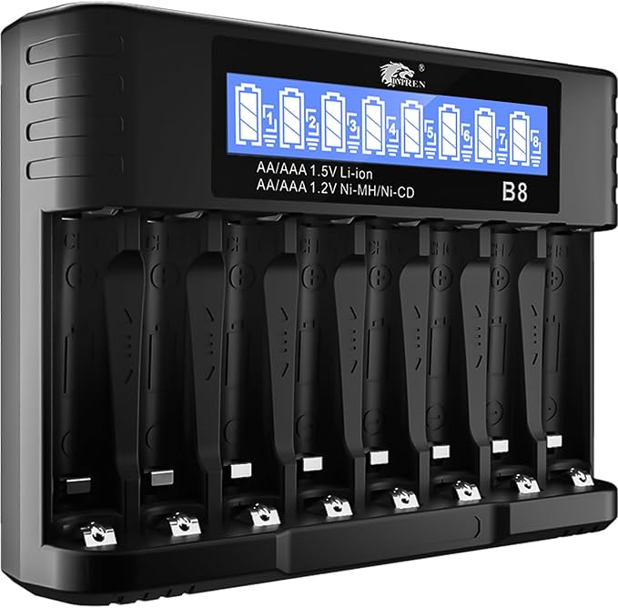 IMREN Akku Ladegerät AA AAA, 8 Slots 1.2V NiMH/NiCD 1.5V Lithium AA AAA Batterien Ladegerät, 5V 2A Typ-C Schnelles AA AAA Akkuladegerät mit LCD Display