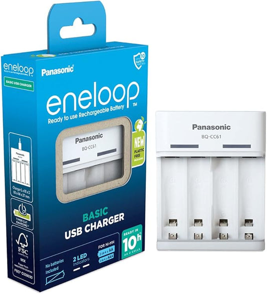 Panasonic eneloop Basic USB-Ladegerät für 2-4 AA/AAA Ni-MH Akkus, 10h Ladezeit, 6 Sicherheitsfunktionen – 1000