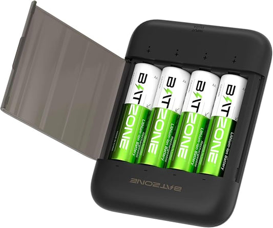 N/A BATZONE 2500mWh AA Lithium Akkus 4er-Pack mit Ladegerät, 1.5V wiederaufladbare Batterien für hohen Stromverbrauch