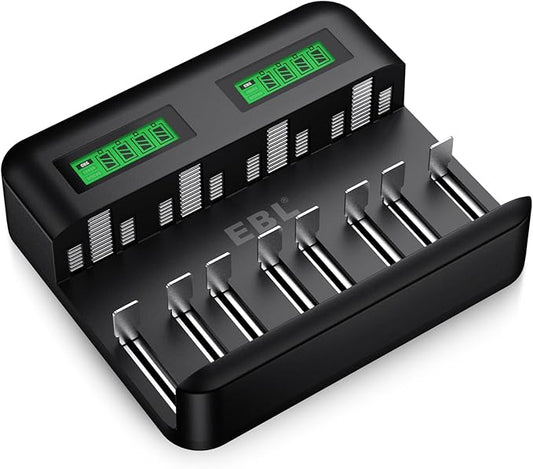 EBL 9008 Akku Ladegerät für AA AAA C D Ni-MH Batterien mit LCD Display, USB-C Input, 8-fach Schnellladegerät