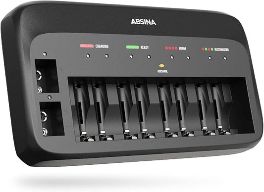 ABSINA Akku Ladegerät X10 für AA, AAA & 9V - 10-fach Ladegerät mit Einzelschachtüberwachung, Entladefunktion & Reparaturmodus – 301003