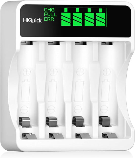 HiQuick C9026 LCD Ladegerät für Ni-MH/Ni-CD AA/AAA Akkus, 4-fach Schnelllader mit Display & Sicherheitsschutz
