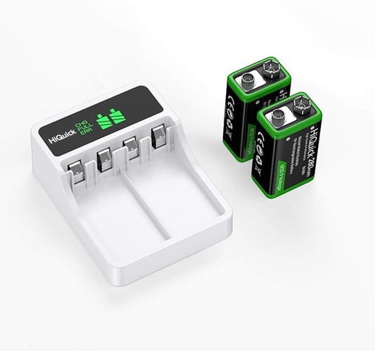HiQuick 9V Akku Ladegerät Set 2021 mit LCD Display & 2x 280mAh Akkus für Ni-MH/Li-ion Blockbatterien, individuelle Ladeschächte