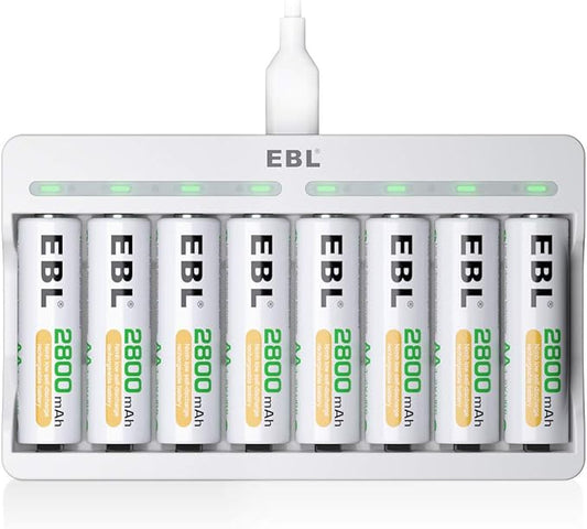 EBL Akku Ladegerät mit 8x AA 2800mAh für NiMH AA/AAA Akkus, USB-Geräte & Powerbanks, 8 unabhängige Ladeschächte, intelligente LED-Anzeige