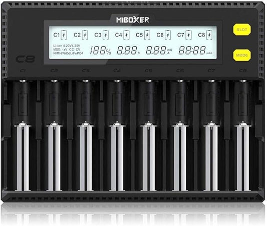 MiBoxer 8 Bay Akkuladegerät mit LCD Display für Li-Ion LiFePO4 Ni-MH Ni-Cd AA AAA C 21700 26650 – 18650
