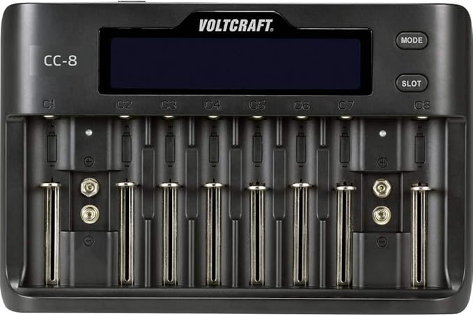 Voltcraft CC-8 Ladegerät für LiIon, LiFePO4, NiMH, NiCd Akkus – 10 Steckplätze inkl. 9V Block, Ultra-Schnellladung 2A – 10882815