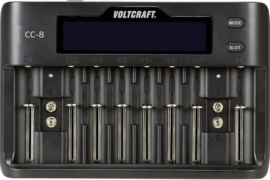 Voltcraft CC-8 Ladegerät für LiIon, LiFePO4, NiMH, NiCd Akkus – 10 Steckplätze inkl. 9V Block, Ultra-Schnellladung 2A – 10882815