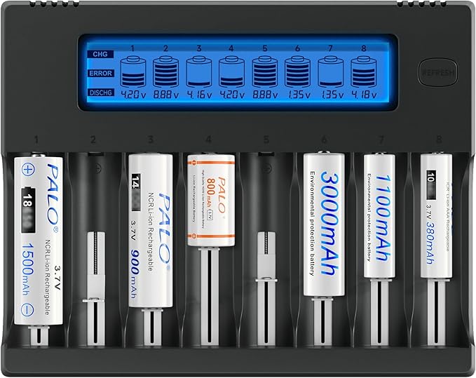 Palogreen 18650 LCD Ladegerät 8-fach für 3.7V Li-Ion & 1.2V AA/AAA Akkus mit Entladefunktion
