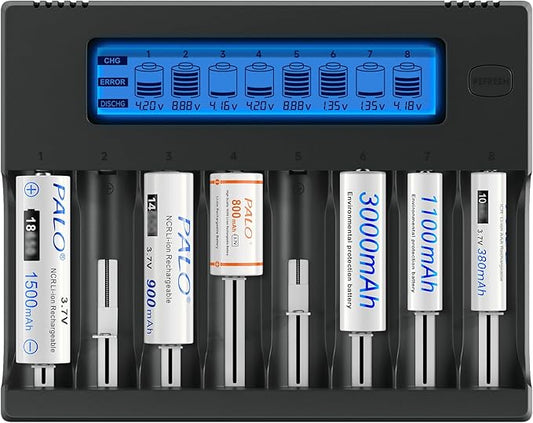 Palogreen 18650 LCD Ladegerät 8-fach für 3.7V Li-Ion & 1.2V AA/AAA Akkus mit Entladefunktion