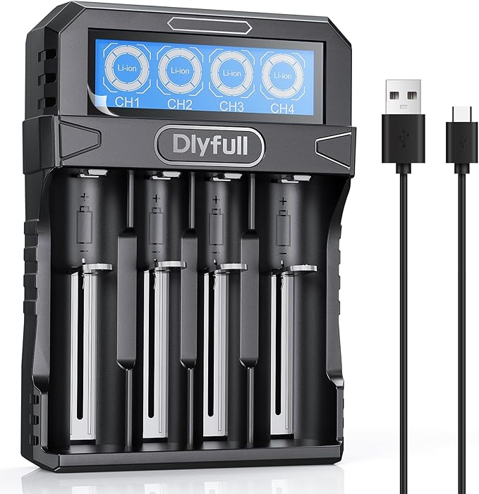 DLYFULL 18650 Ladegerät mit LCD-Display für 3,7V Li-Ion Akkus 18650 21700 26650, 4-fach USB-C Schnellladung