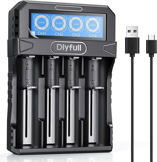 DLYFULL 18650 Ladegerät mit LCD-Display für 3,7V Li-Ion Akkus 18650 21700 26650, 4-fach USB-C Schnellladung