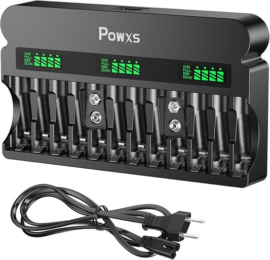 POWXS 6925W Akku Ladegerät mit LCD Display, 12-fach für AA AAA 9V Ni-MH Ni-CD, 1800mA Schnellladung