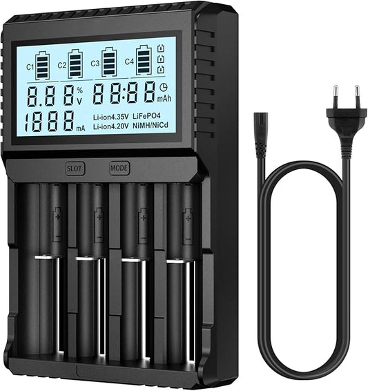 POWXS Universal Batterie Ladegerät mit LCD-Display für Li-Ion, Ni-MH, Ni-Cd AA AAA C 26650 21700 18650