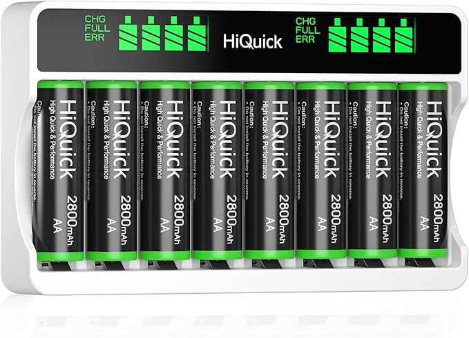 HiQuick Akku Ladegerät mit AA Akku 8 Stück, für Mignon AA, Micro AAA NI-MH/NI-CD wiederaufladbar Batterien, 8-Ladeplatz mit LCD Anzeige